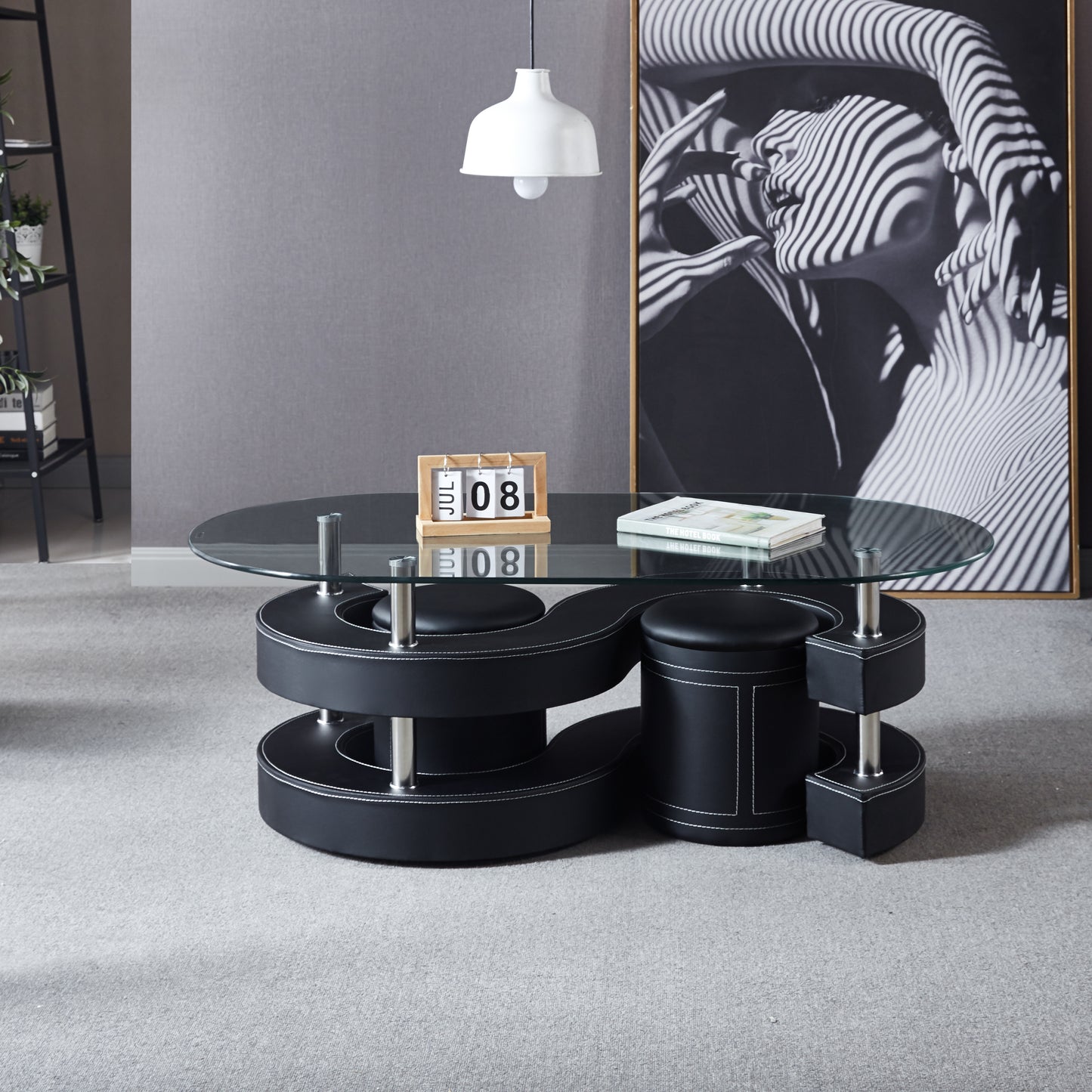 The S Coffee Table Set, Oval Tempered Glass Table and 2 Leather Stools -Black