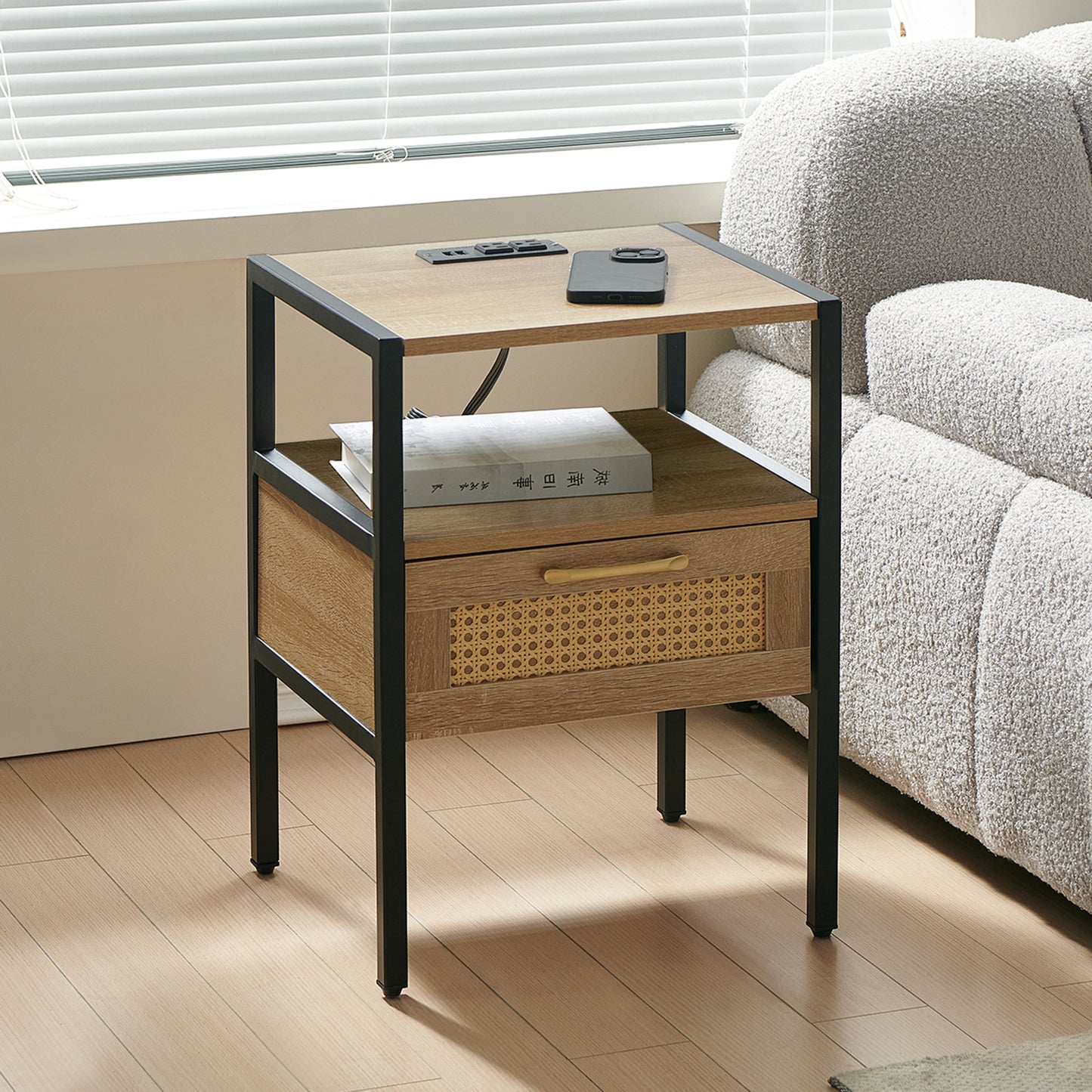 Rattan End table with Power Outlet  & USB Ports Modern nightstand  - Natural