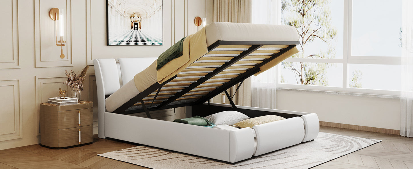 Quillon Queen Size Storage Platform Bed w Hydraulic System - White