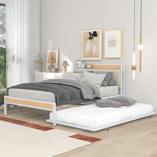 Quest Full Size Metal Platform Bed Frame with Trundle - White