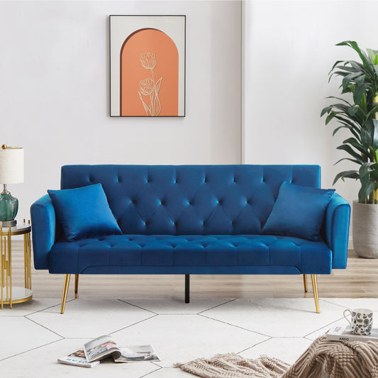 Tasa Velvet Futon Sofa Bed with Metal Legs & 2 Pillows - Blue