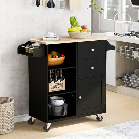 GGW Store Kitchen Cart on 4 Wheels with Rubber Wood to - Black