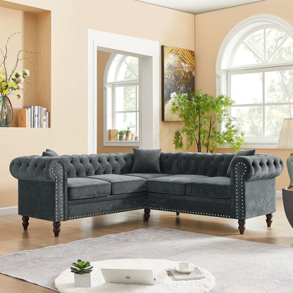 Nest Velvet Button Tufted L-shaped Sofa - Gray