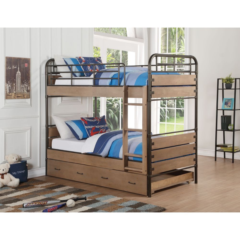 Youth Twin Bunk Bed in Gunmetal & Antique Oak with Trundle