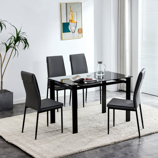 Carleton 5pc Dining Set Tempered Glass Table 4x Side Chairs - Black