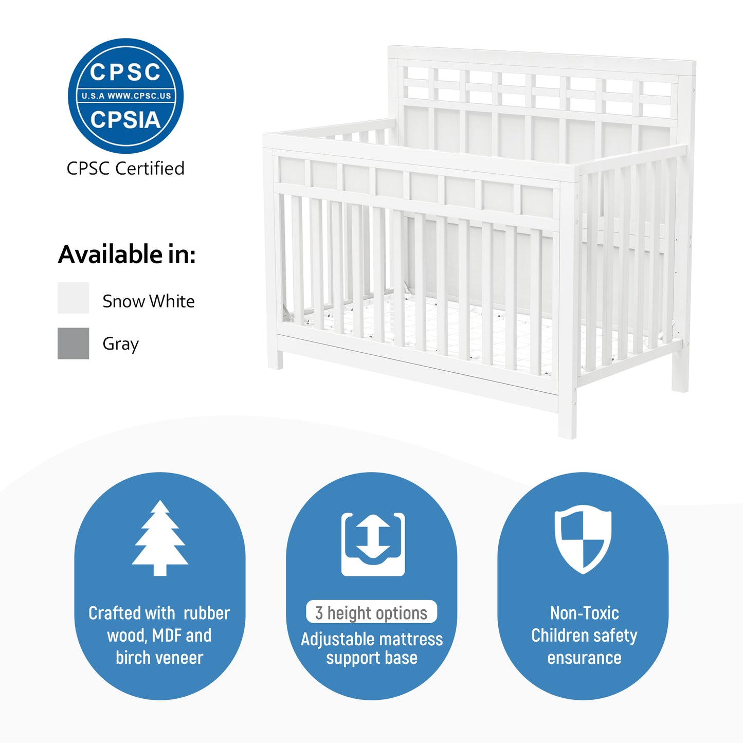 Baby Safe Crib Pine Solid Wood Non-Toxic  - White