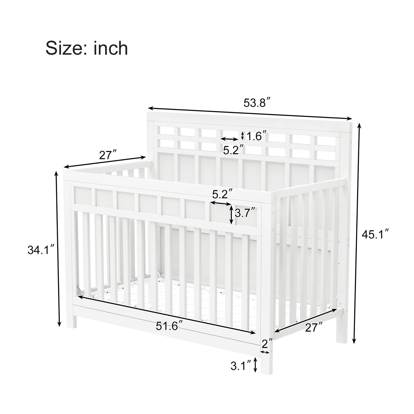 Baby Safe Crib Pine Solid Wood Non-Toxic  - White