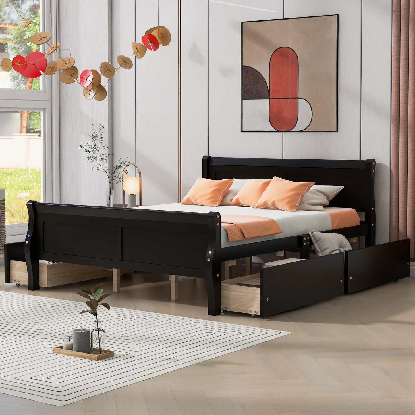 Meg Queen Size Wood Platform Bed with 4 Drawers - Espresso