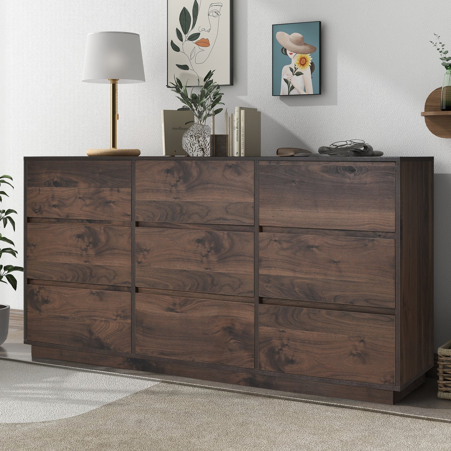 Elegant Retro 9-Drawer Dresser in Rich Dark Brown