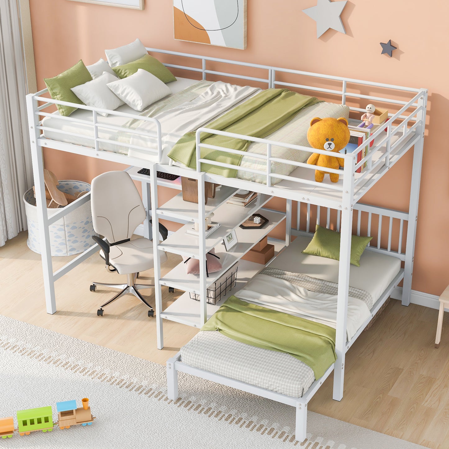 Harmony Haven Twin Loft Bed with Integrated Desk, Storage, and Staircase, Snow White