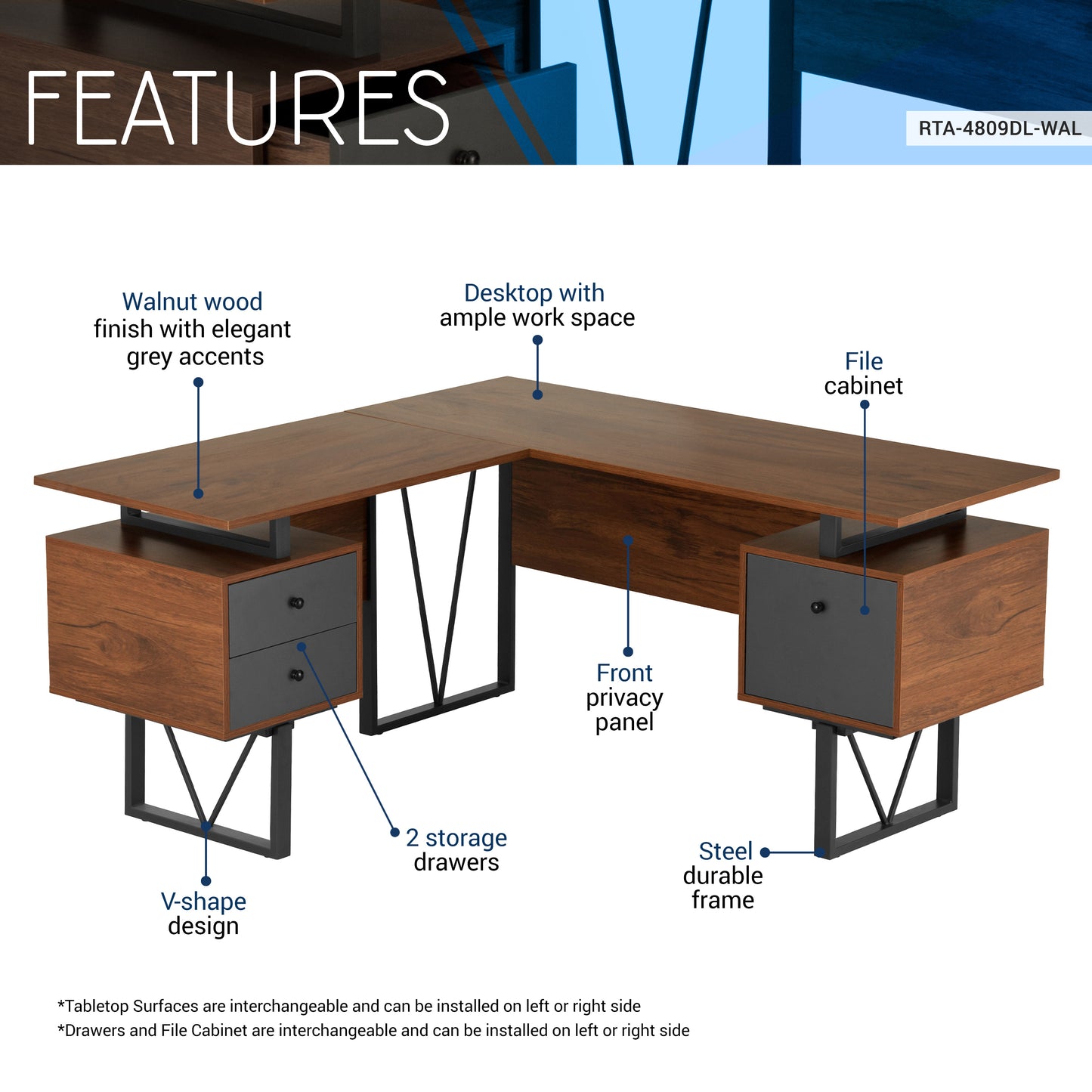 Tech Max Reversible L-Shape Workstation with Storage - Walnut