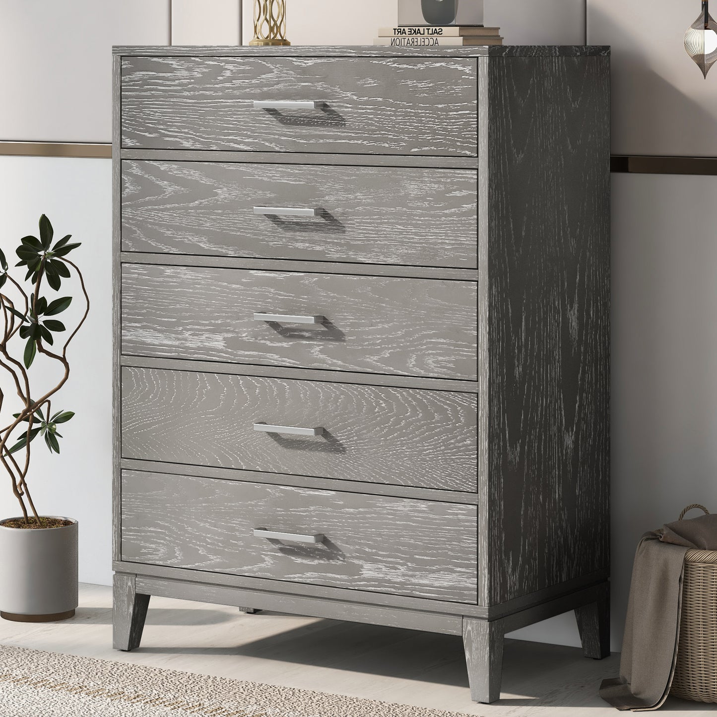 Elegant Essence Grey Wood Grain Five-Drawer Chest