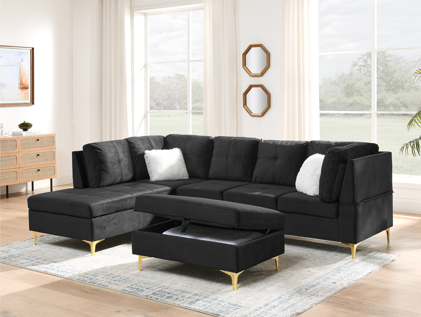 Lenavo Velvet Sectional Sofa - Black