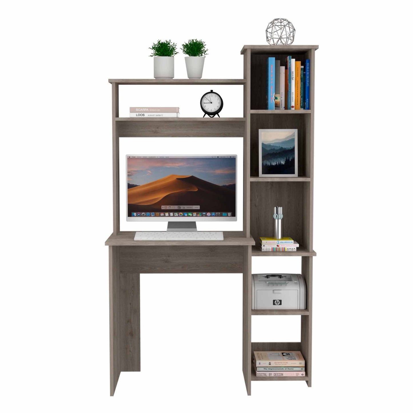 Writing Desk with Built-in Bookcase Light Grey