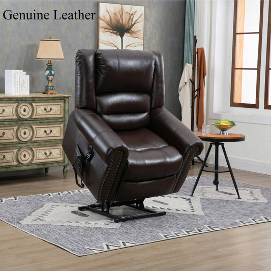 Zest Power Lift Genuine Leather Recliner Chair Heat Massage Dual Motor - Brown
