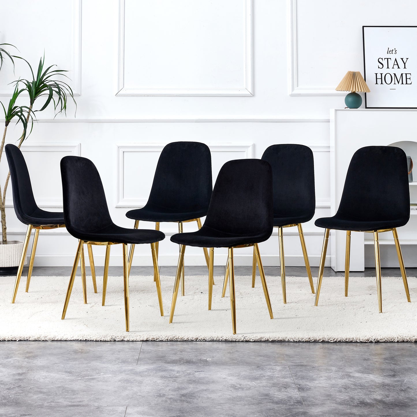 Pax Dining Velvet Chairs with Golden Metal Leg (Set of 6) - Black