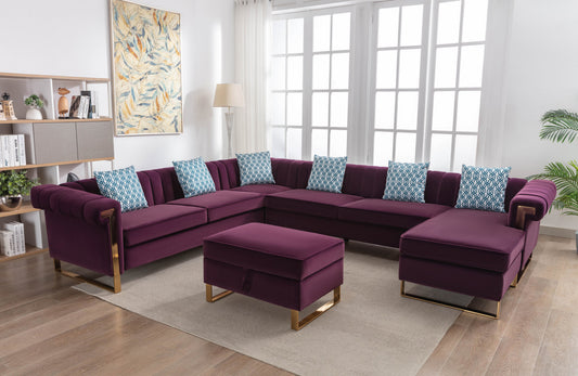 Maddie Velvet 8-Seater Sectional Sofa with Reversible Chaise and   Ottoman - Purple