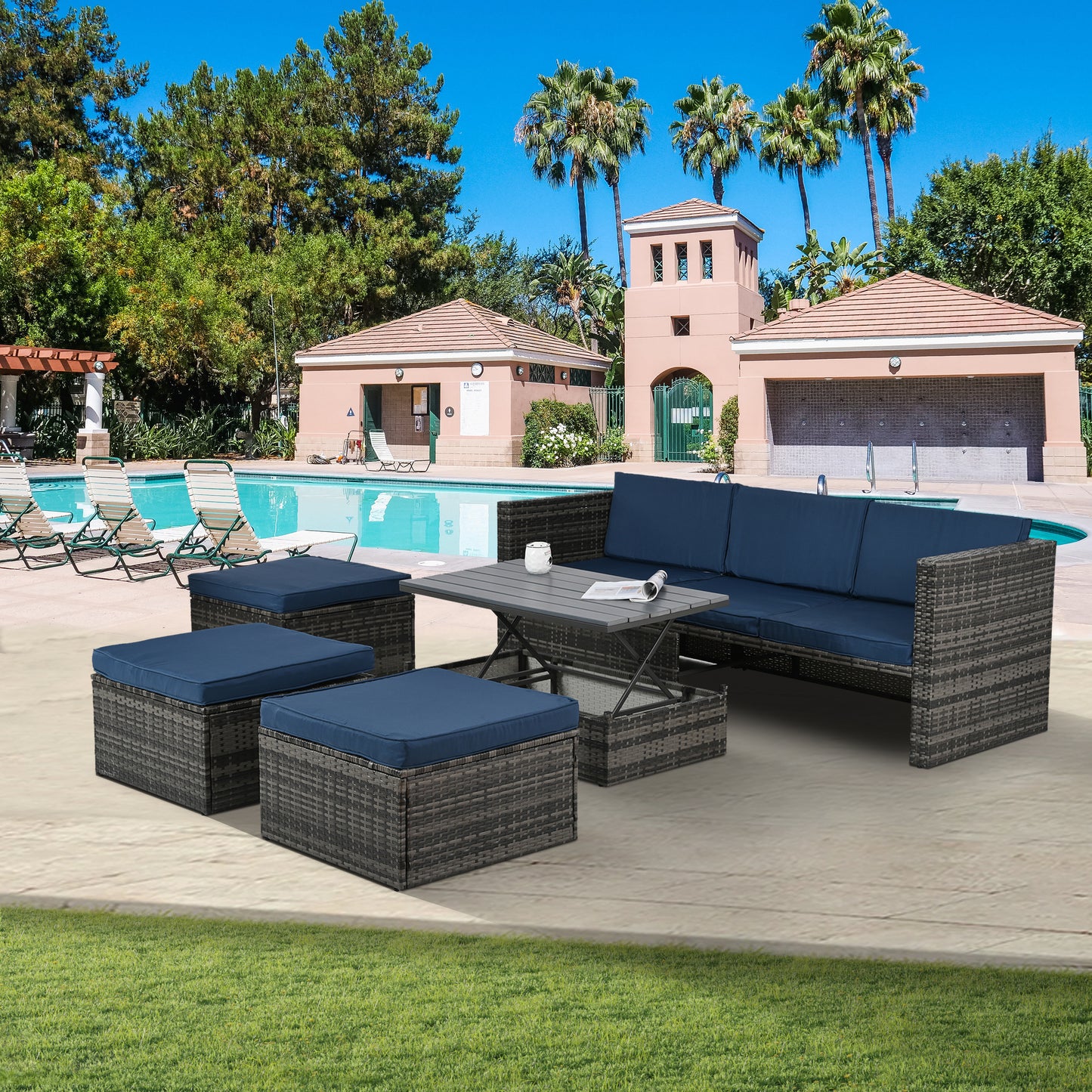 Raney 5 Pc PE Rattan Wicker Outdoor Patio Furniture Set - Blue