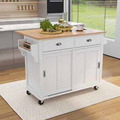 Culinary  Kitchen Cart with Countertop With Barn Door - White