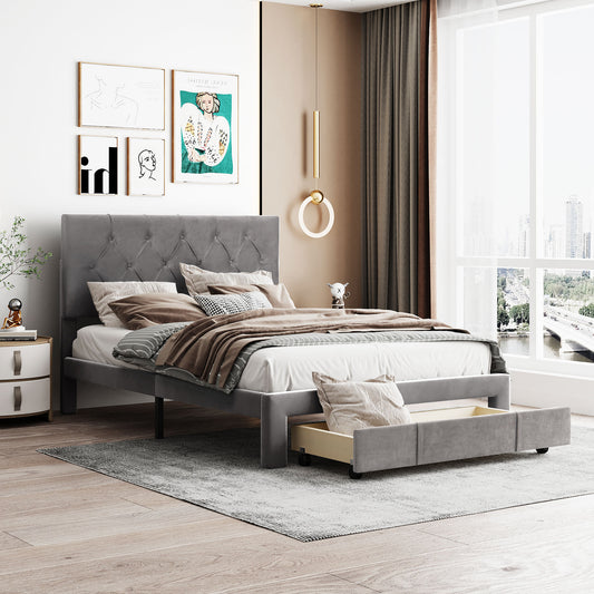 Helena Full Size Velvet Platform Bed Frame - Gray