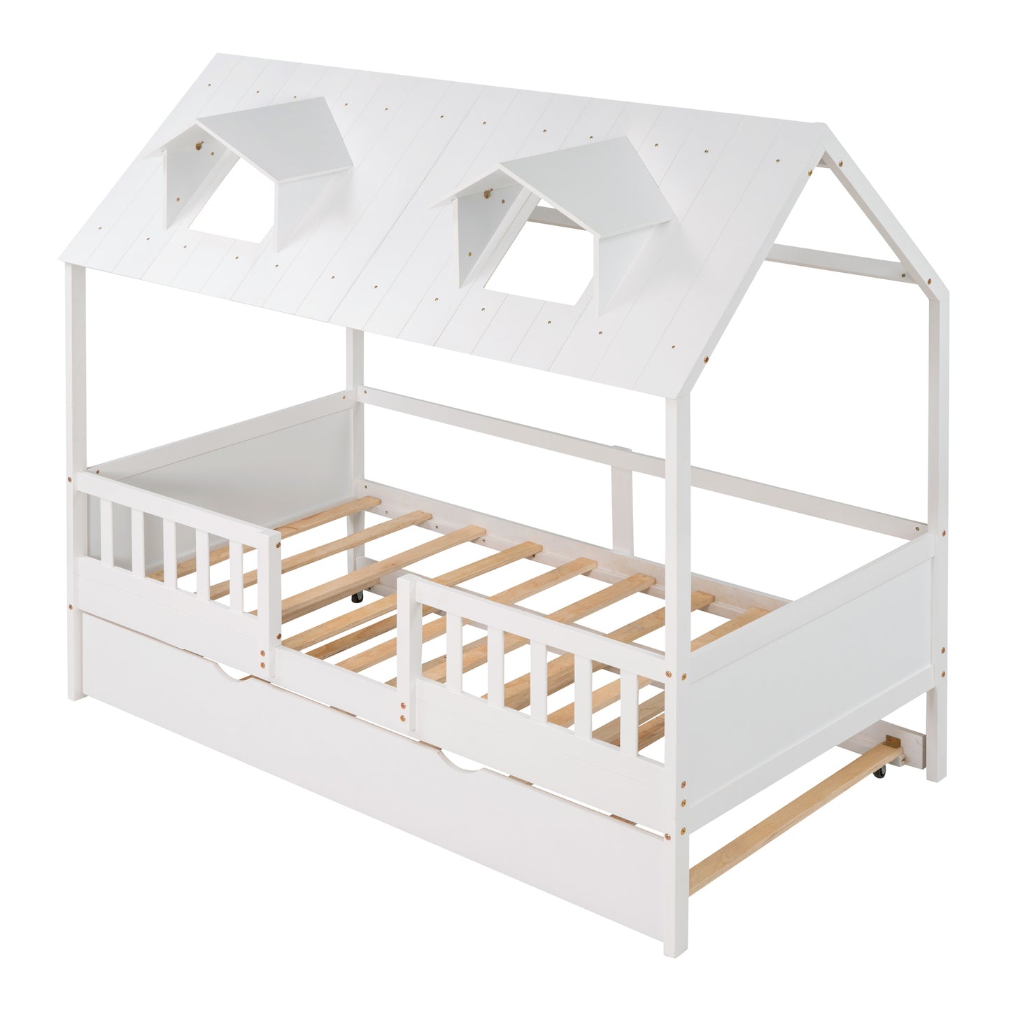 Dreamy Haven Twin House Bed with Trundle (White)