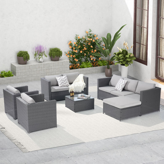 Meeker 6 Pc Outdoor Patio Rattan Sectional Sofa Set - Gray Rattan+Light Gray