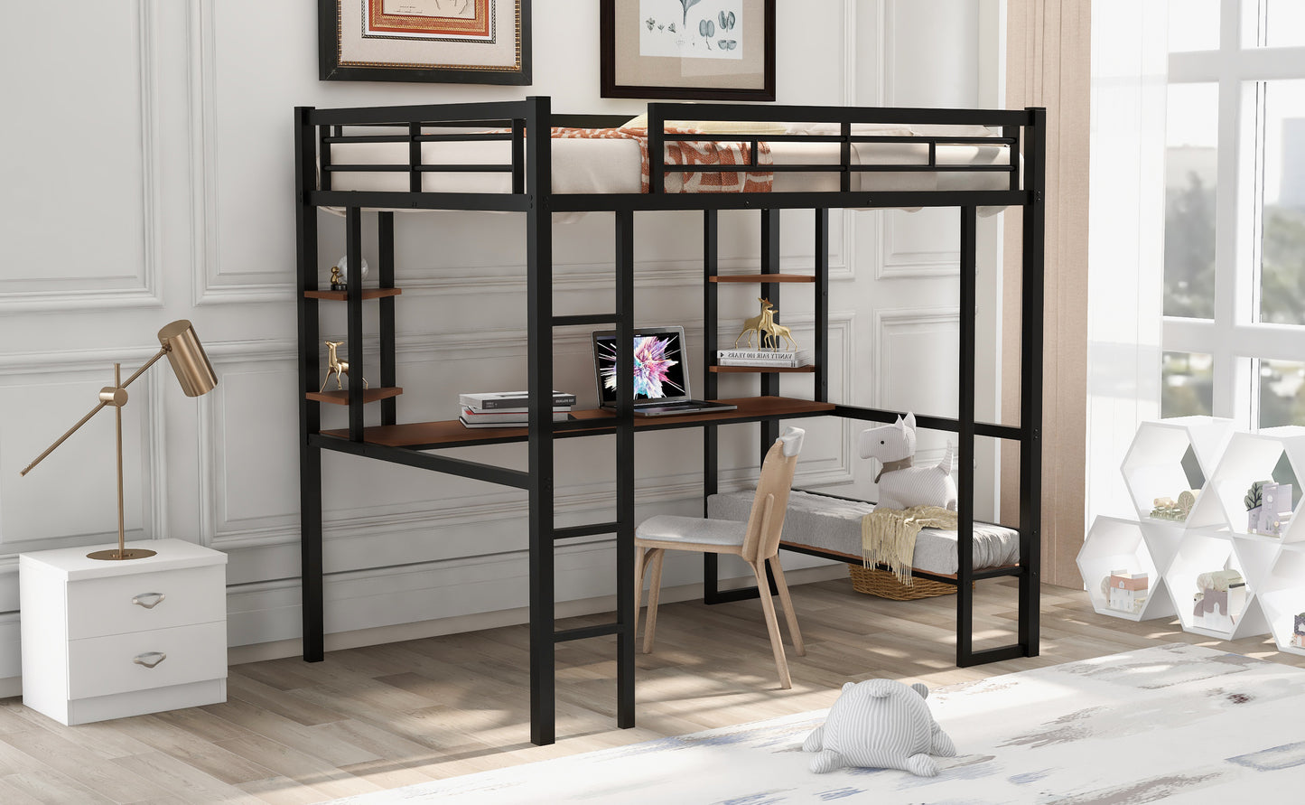 Black Beauty Loft Bed with Long Desk and Shelves