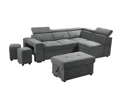 Henrik Sleeper Sectional Sofa with Storage Ottoman and 2 Stools - Light Gray