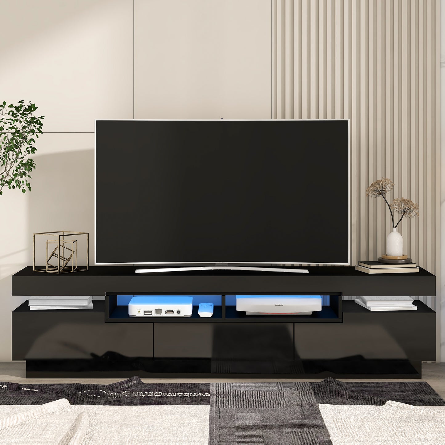 Seco High Gloss TV Stand Entertainment Center - Black