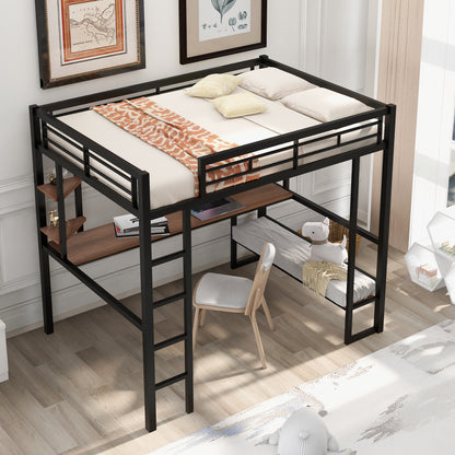 Black Beauty Loft Bed with Long Desk and Shelves