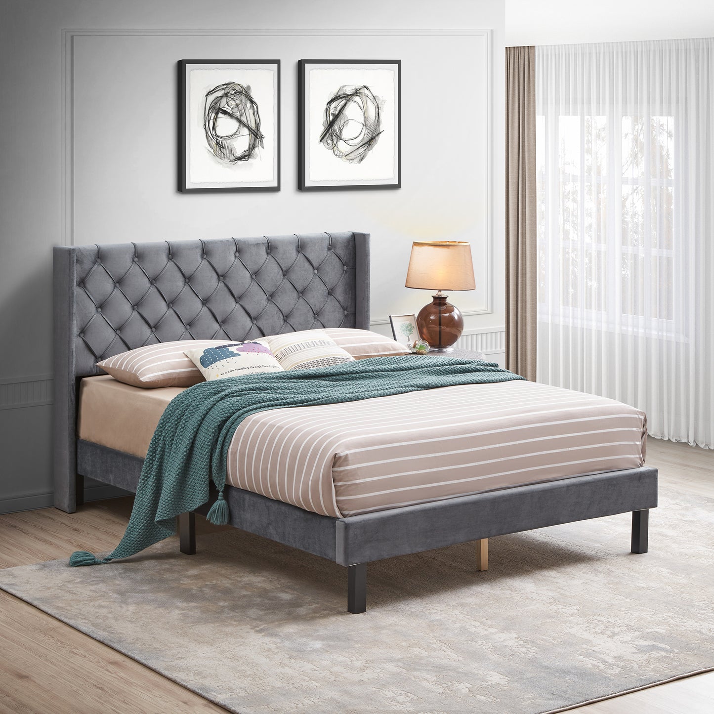 Hena Queen Size Platform Velvet Button Tufted Bed Frame - Gray