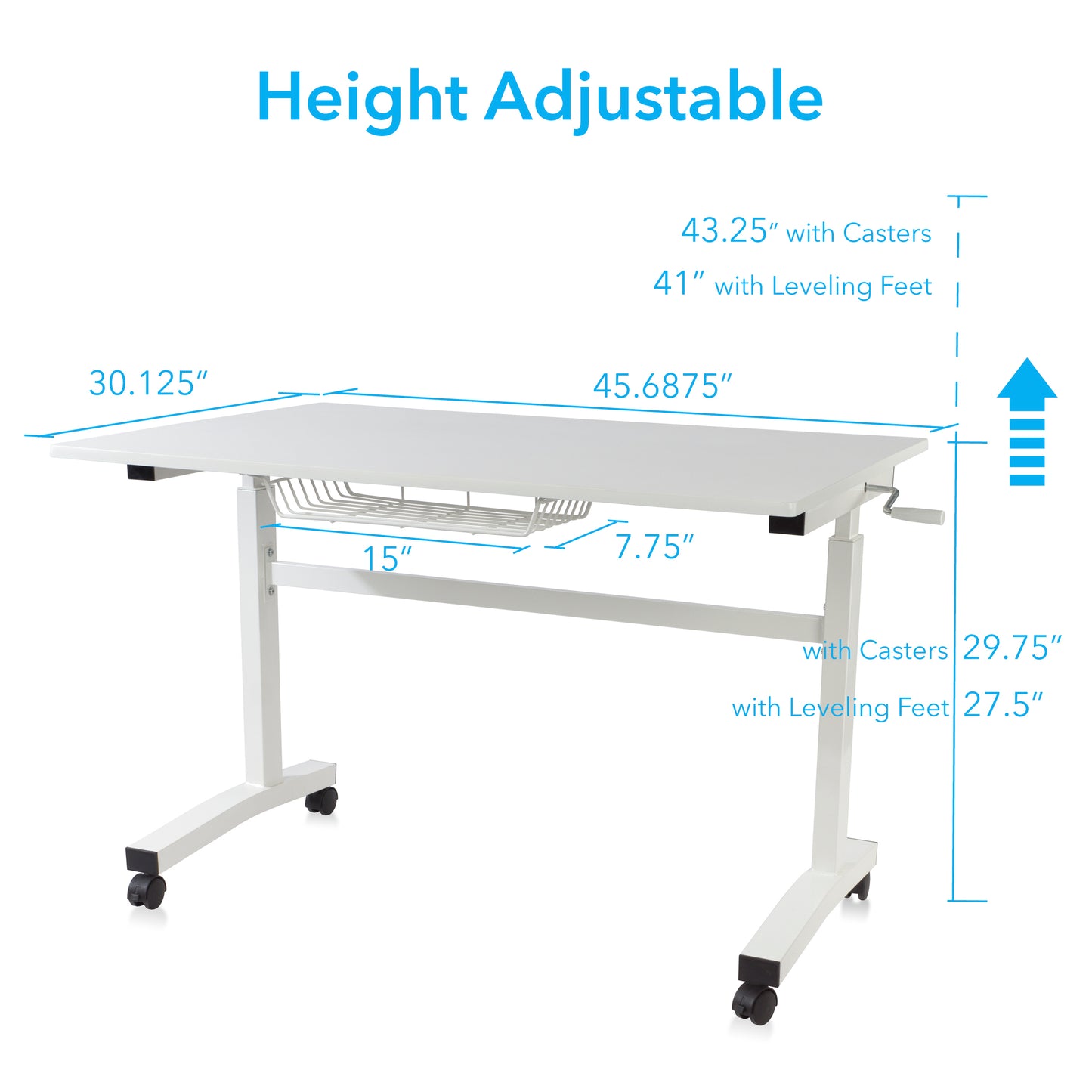 Atlantic Sit Stand Desk with Casters (Height Adjustable) with side crank   -  White