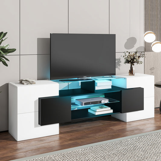 Trax TV Stand with 2 Illuminated Glass Shelves - White+Black