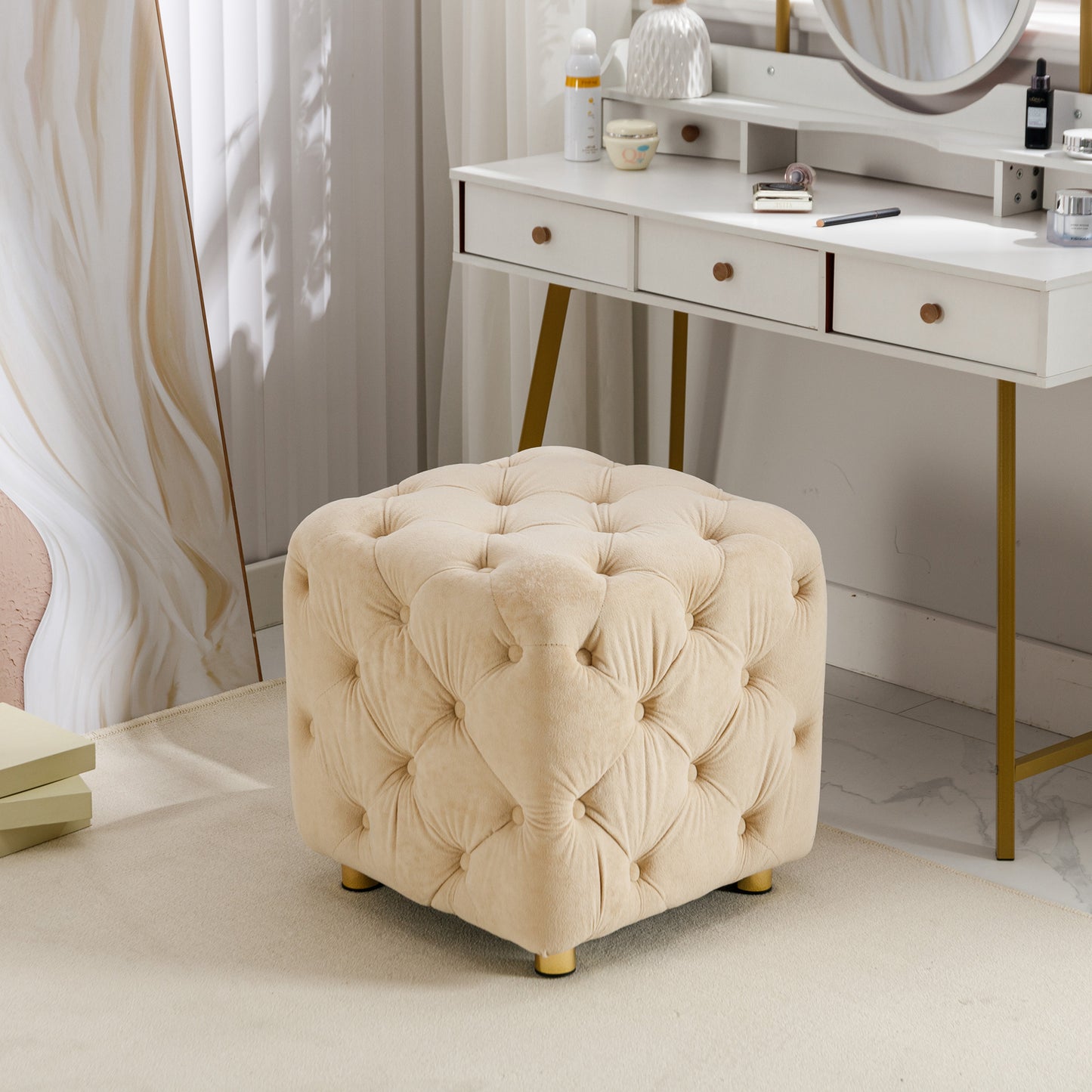 Velvet Upholstered Vanity Seat - Beige