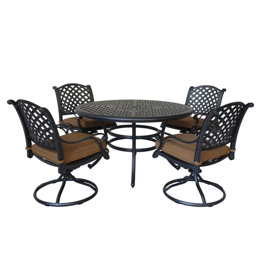 Neda 5 Pc 52" Aluminum Round Dining Set with Cushions (Swivel Chairs) - Brown