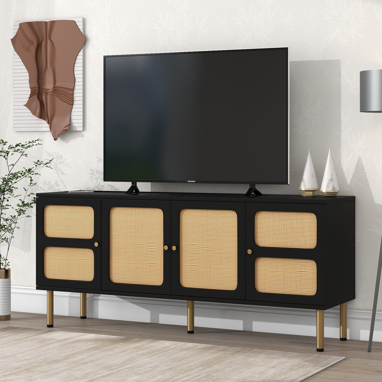 Boho style TV Stand with Rattan Door - Black