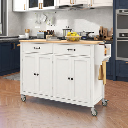 Granite Kitchen Island Cart with Solid Wood Top and Locking Wheels - White