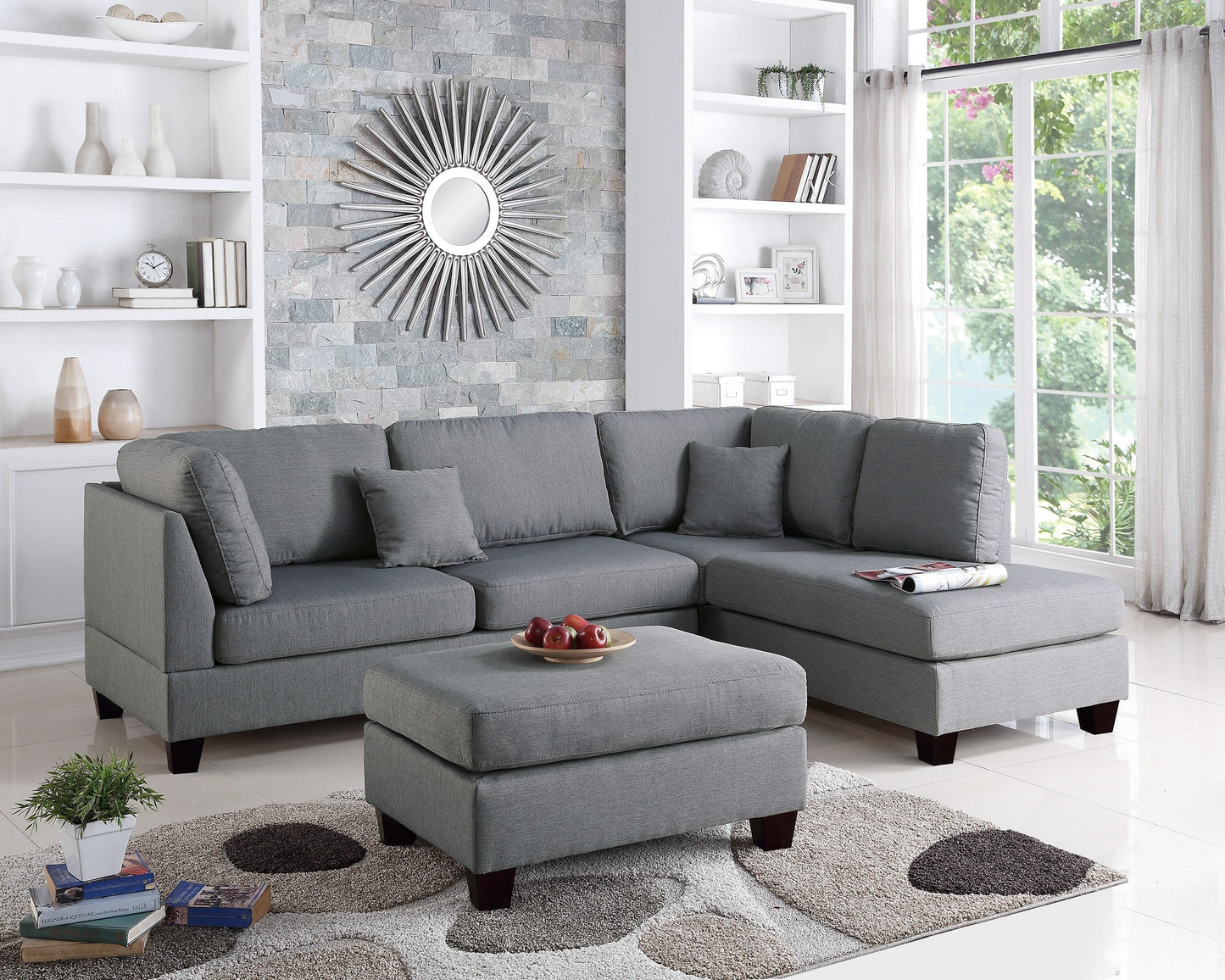 Esra 3pc Sectional Reversible Chaise Sofa And Ottoman - Grey