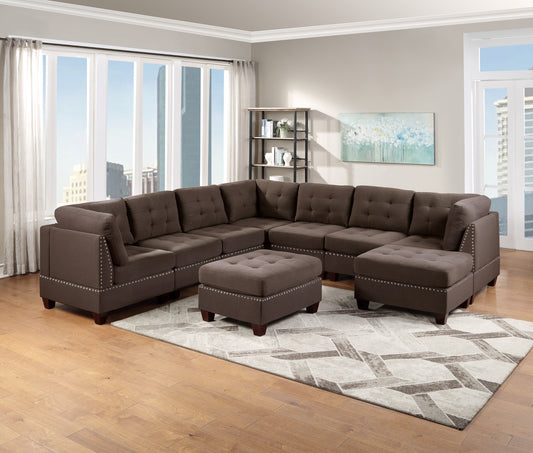 Eleni Modular Sectional 9pc Set  3x Corner Wedge 4x Armless Chairs and 2x Ottomans - Coffee