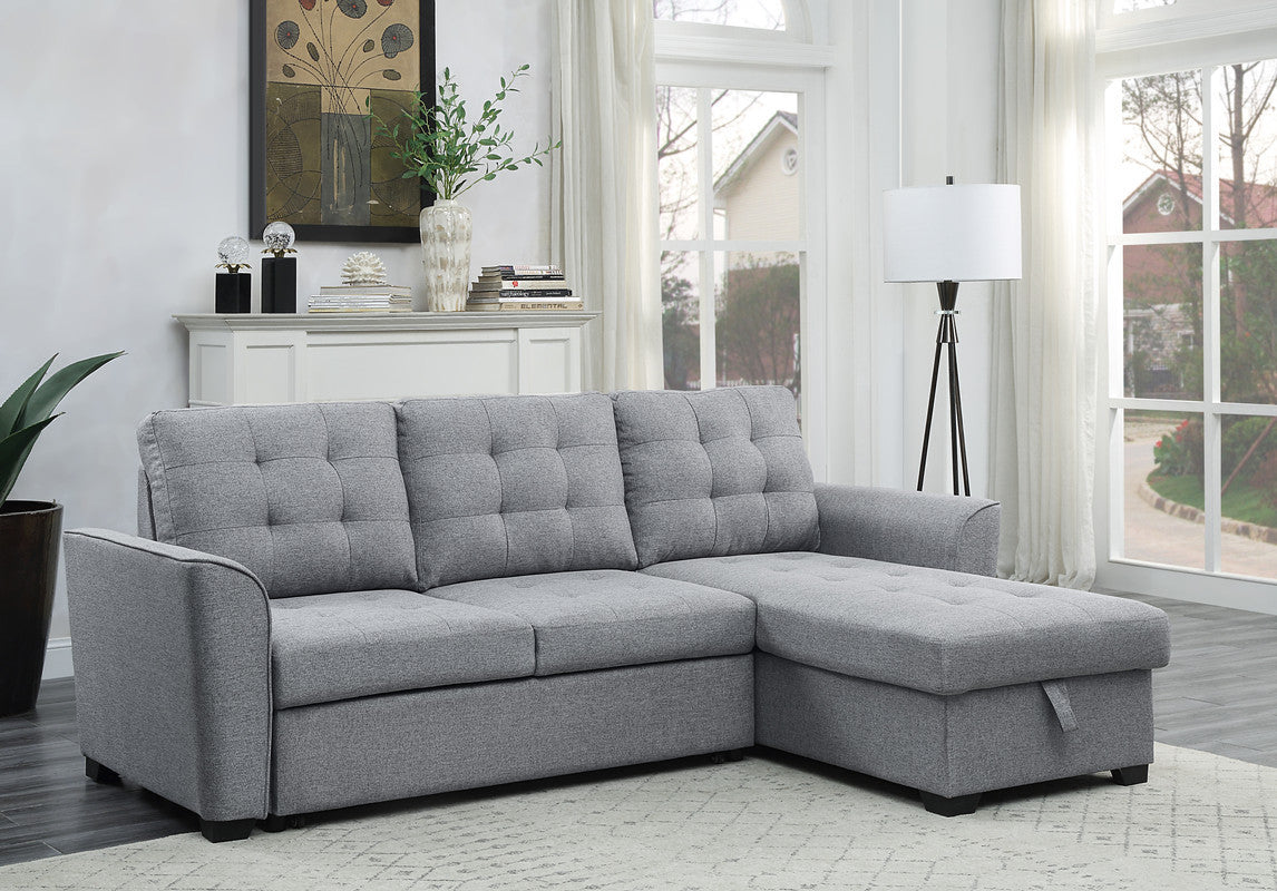 Avery Linen Sleeper Sectional Sofa with Reversible Storage Chaise -  Light Gray