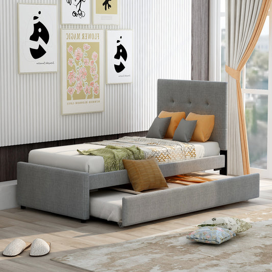 Dreamscape Twin Linen Upholstered Platform Bed with Headboard and Trundle