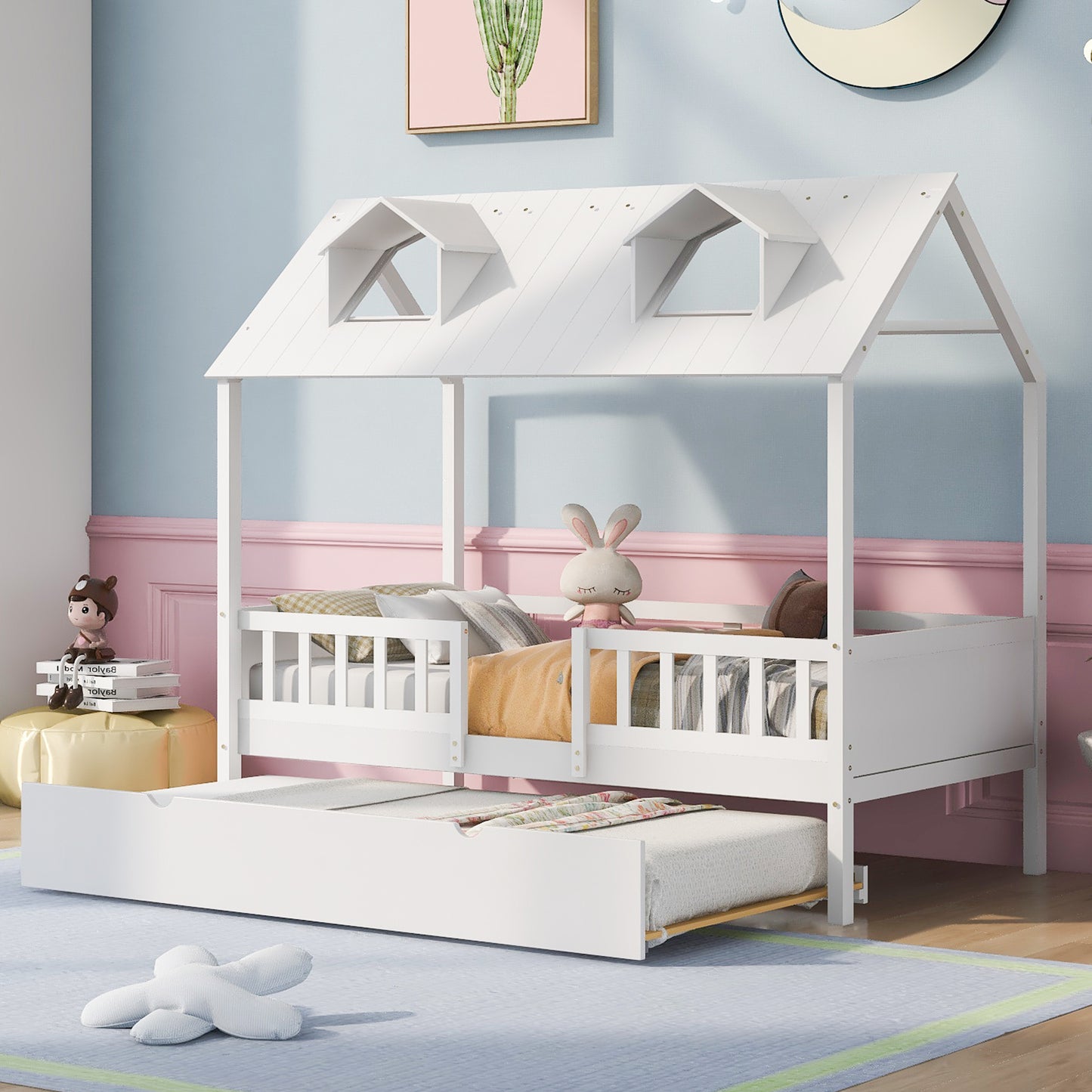 Dreamy Haven Twin House Bed with Trundle (White)