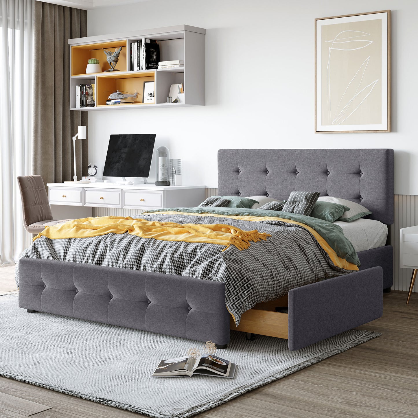 Draco Queen Size Platform Bed with 4 Drawers - Dark Gray