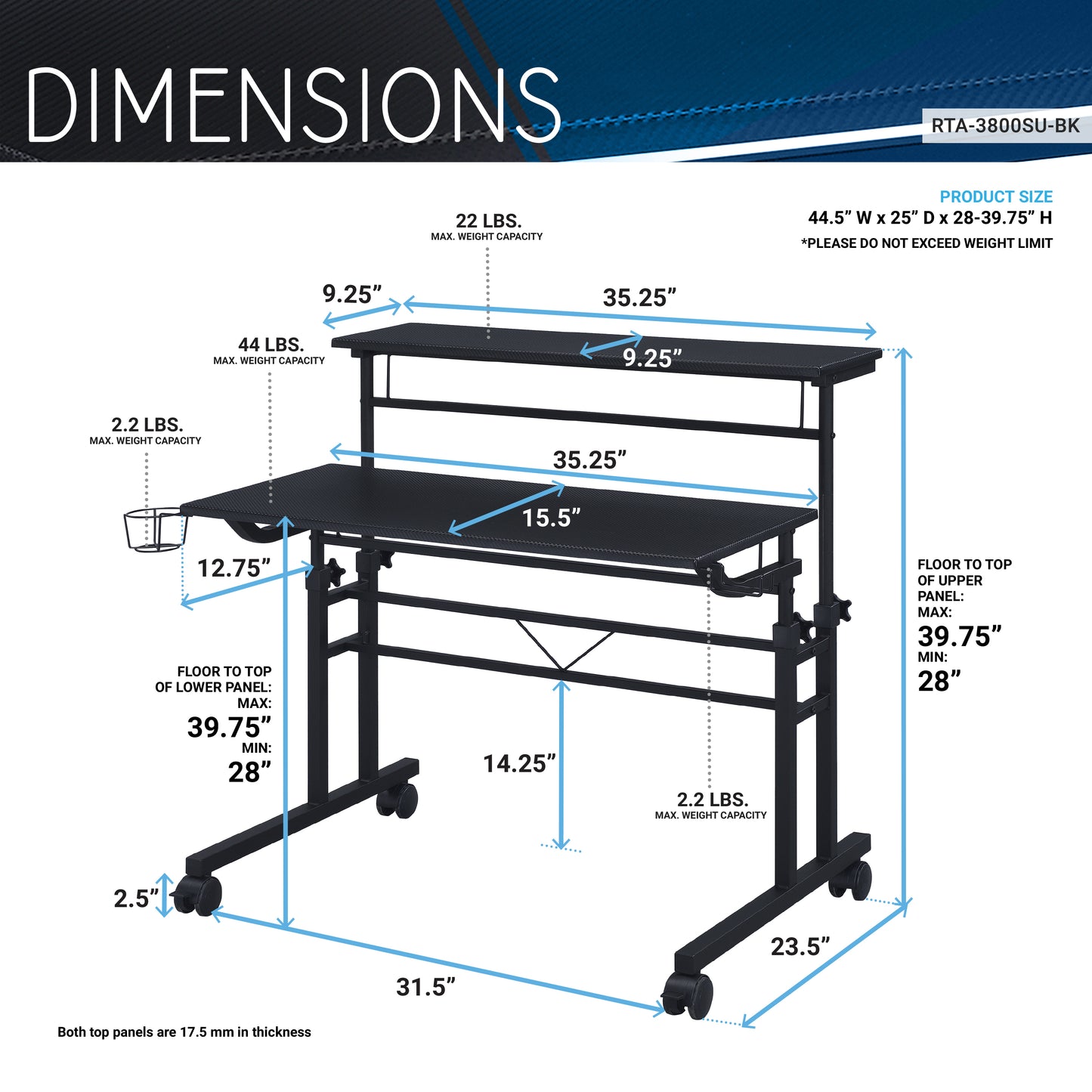 Tech Flex Adjustable Writing Desk with Shelf - Black