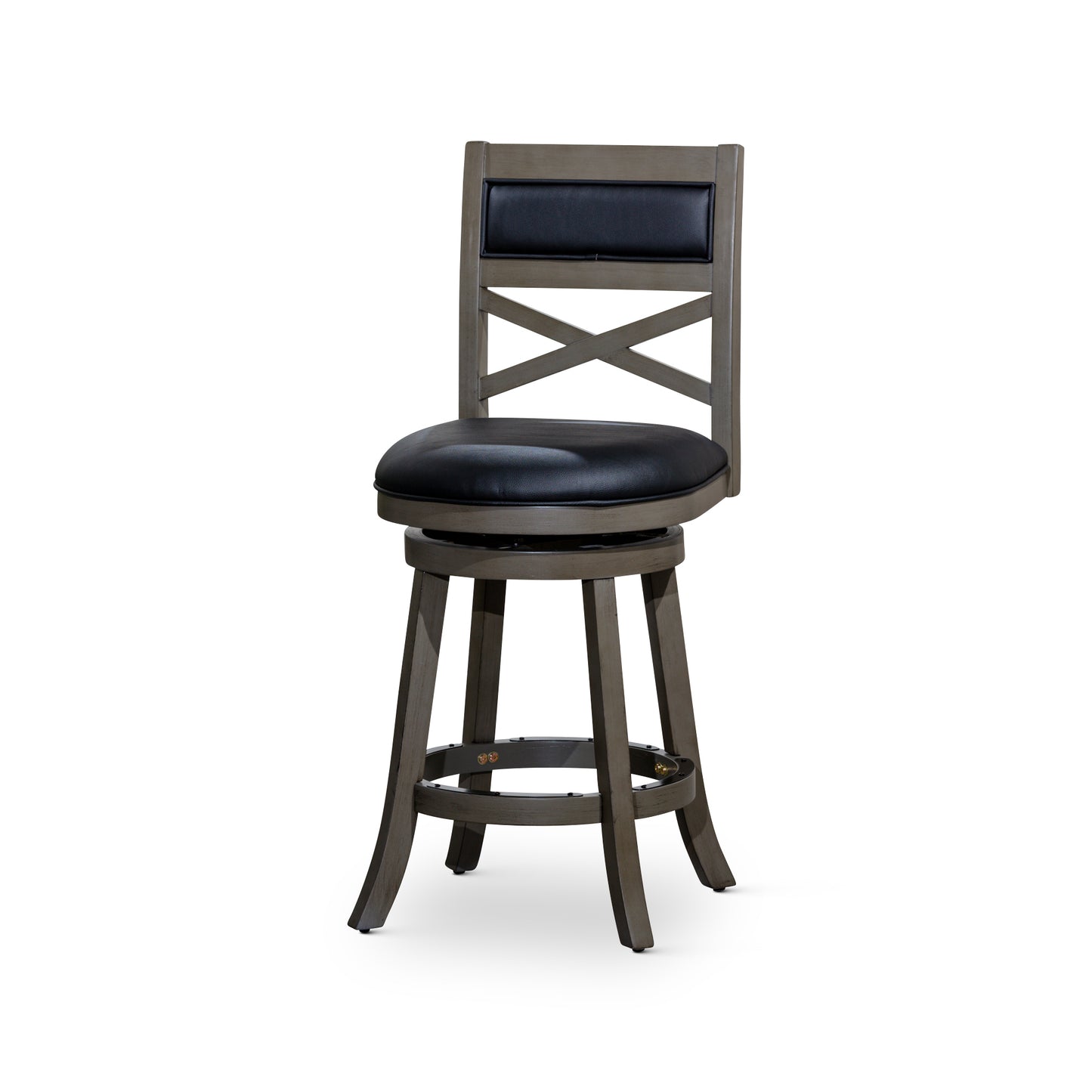 Counter Height X-Back Swivel Stool, Weathered Gray Finish, Black Leather Seat