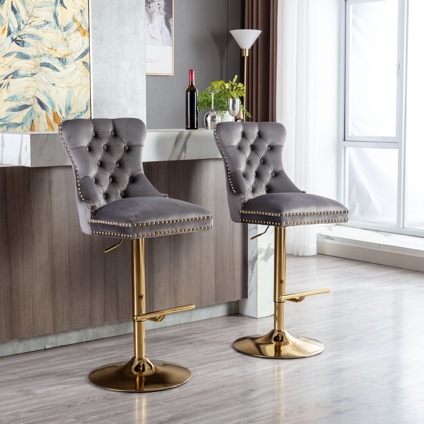 Amias Velvet Counter Height Bar Stools with Tufted  - Gray Set of 2