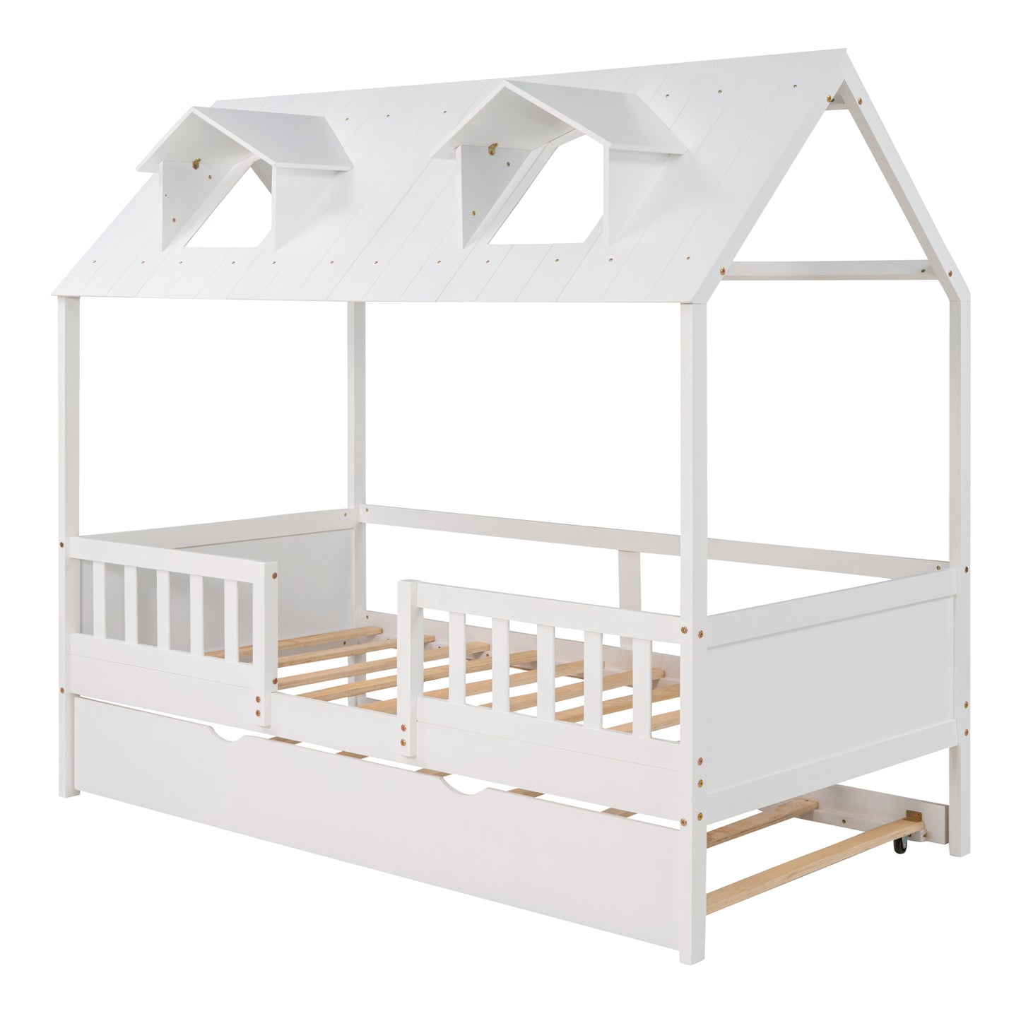 Dreamy Haven Twin House Bed with Trundle (White)