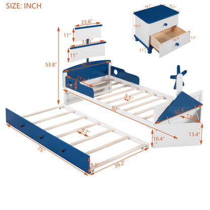 Seaside 3-Piece Bedroom Set: Twin Size Boat Platform Bed and Two Nightstands