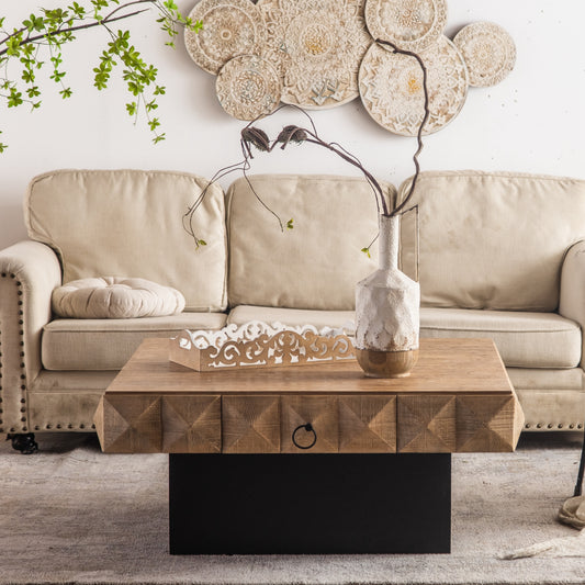 Embossed Pattern Square Retro Coffee Table with 2 Drawers