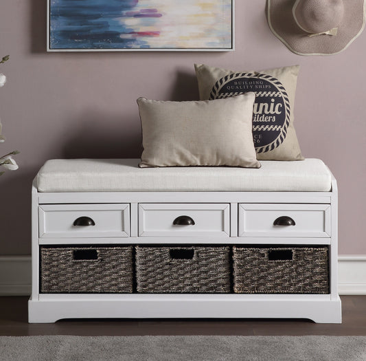 Versa Wood Storage Bench with 3 Drawers and 3 Baskets - White